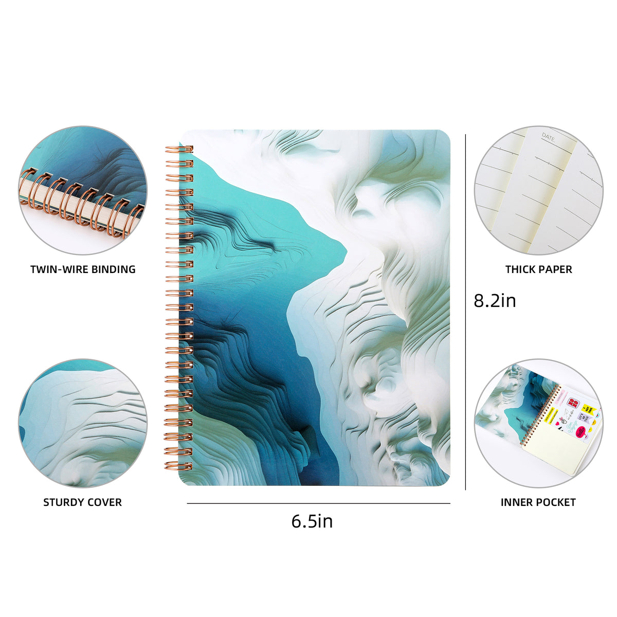 Spiral Notebook for Women, 8.25" x 6.25" Journal with Durable Hardcover and 160 Lined Pages with Large Pockets - Perfect to Stay Organized and Boost Productivity at Work or School
