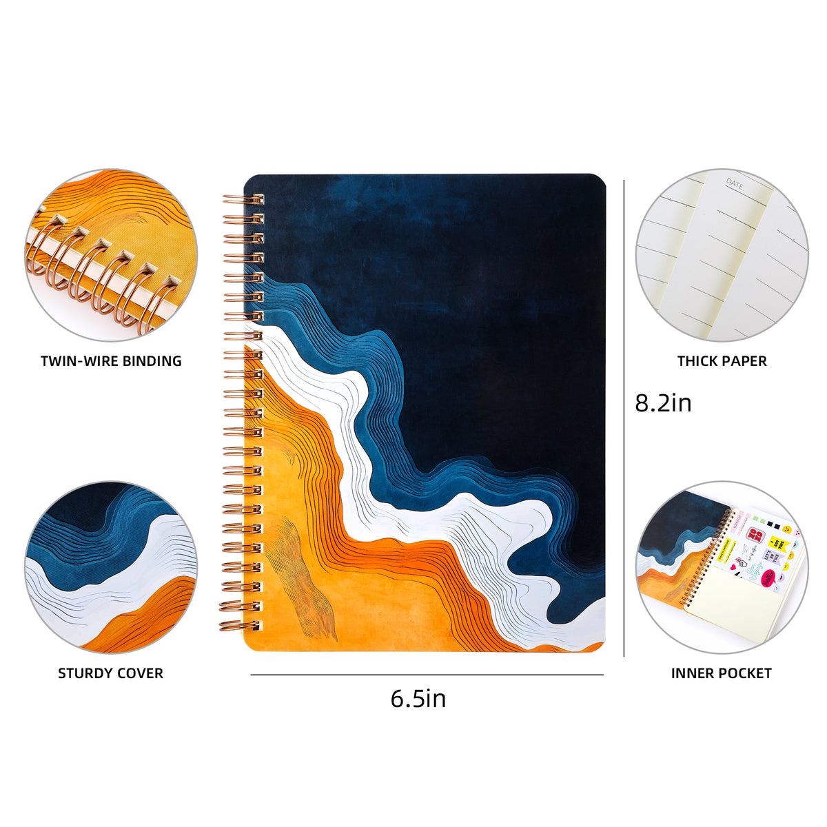 Spiral Notebook for Women, 8.25" x 6.25" Journal with Durable Hardcover and 160 Lined Pages with Large Pockets - Perfect to Stay Organized and Boost Productivity at Work or School