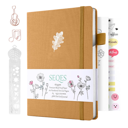 Bullet Dotted Journal - A5 Dot Grid Notebook with pages number,160gsm Bleedproof Paper,Silver Edge for Personal Organizers,Bullet Journals, and journaling-Oak leaves