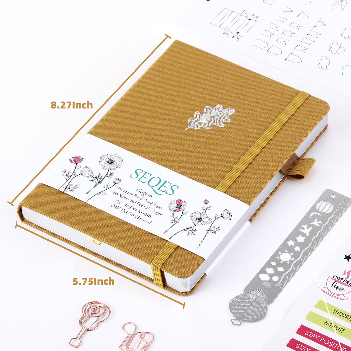 Bullet Dotted Journal - A5 Dot Grid Notebook with pages number,160gsm Bleedproof Paper,Silver Edge for Personal Organizers,Bullet Journals, and journaling-Oak leaves