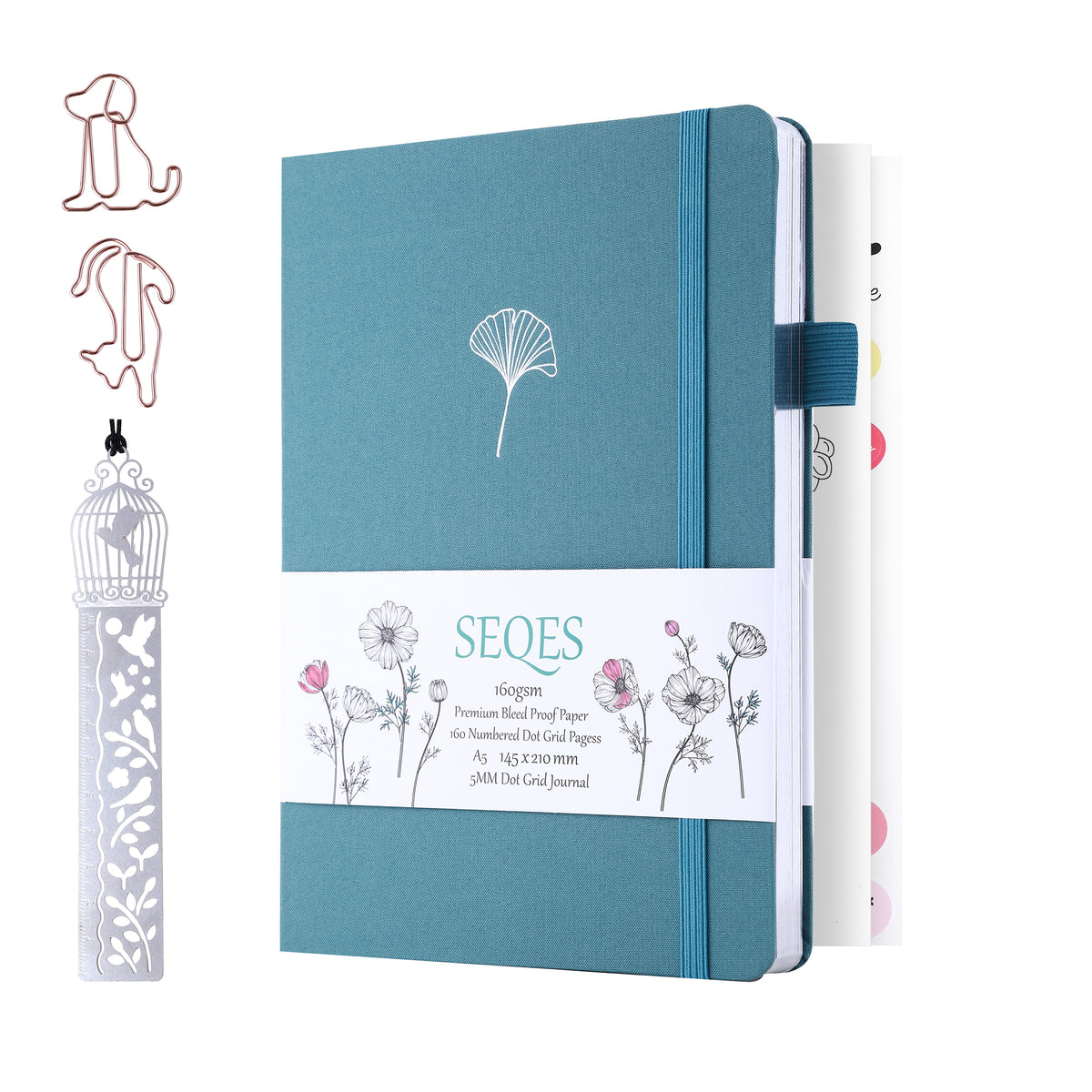 Bullet Dotted Journal - A5 Dot Grid Notebook with pages number,160gsm Bleedproof Paper,Silver Edge and Fabic for Personal Organizers, Bullet Journals, and journaling-Ginkgo leaf