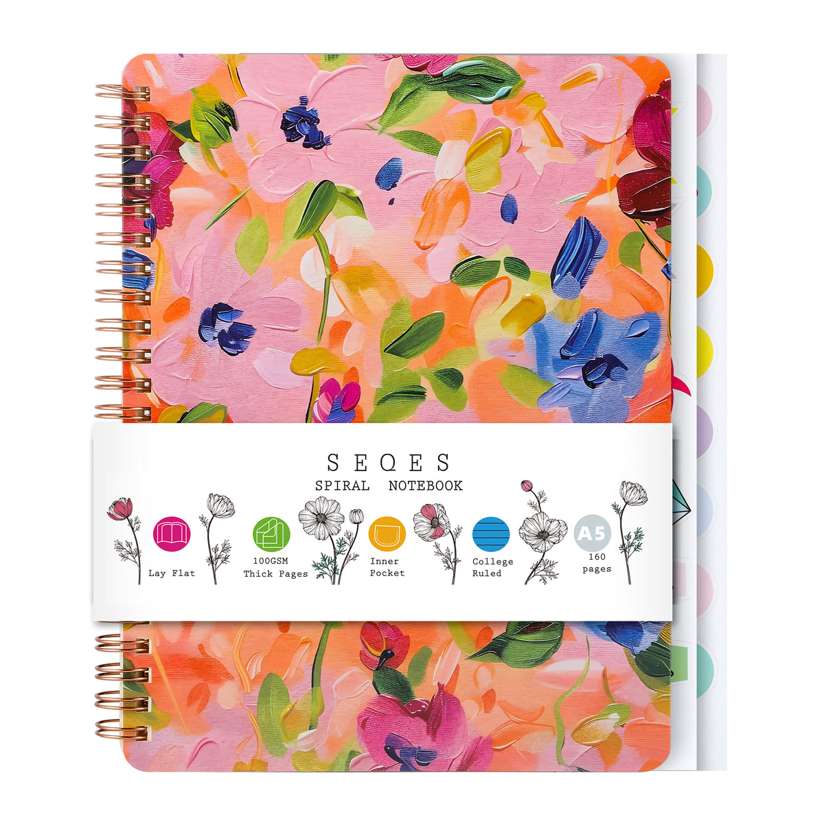 Spiral Notebook for Women, 8.25" x 6.25" Journal with Durable Hardcover and 160 Lined Pages with Large Pockets - Perfect to Stay Organized and Boost Productivity at Work or School flowers-C
