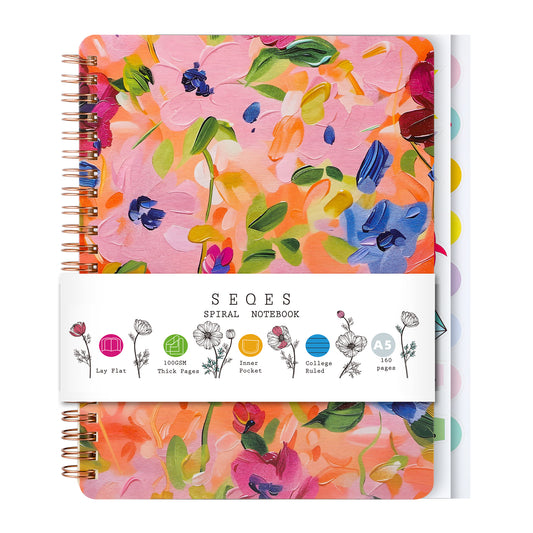 Spiral Notebook for Women, 8.25" x 6.25" Journal with Durable Hardcover and 160 Lined Pages with Large Pockets - Perfect to Stay Organized and Boost Productivity at Work or School flowers-C