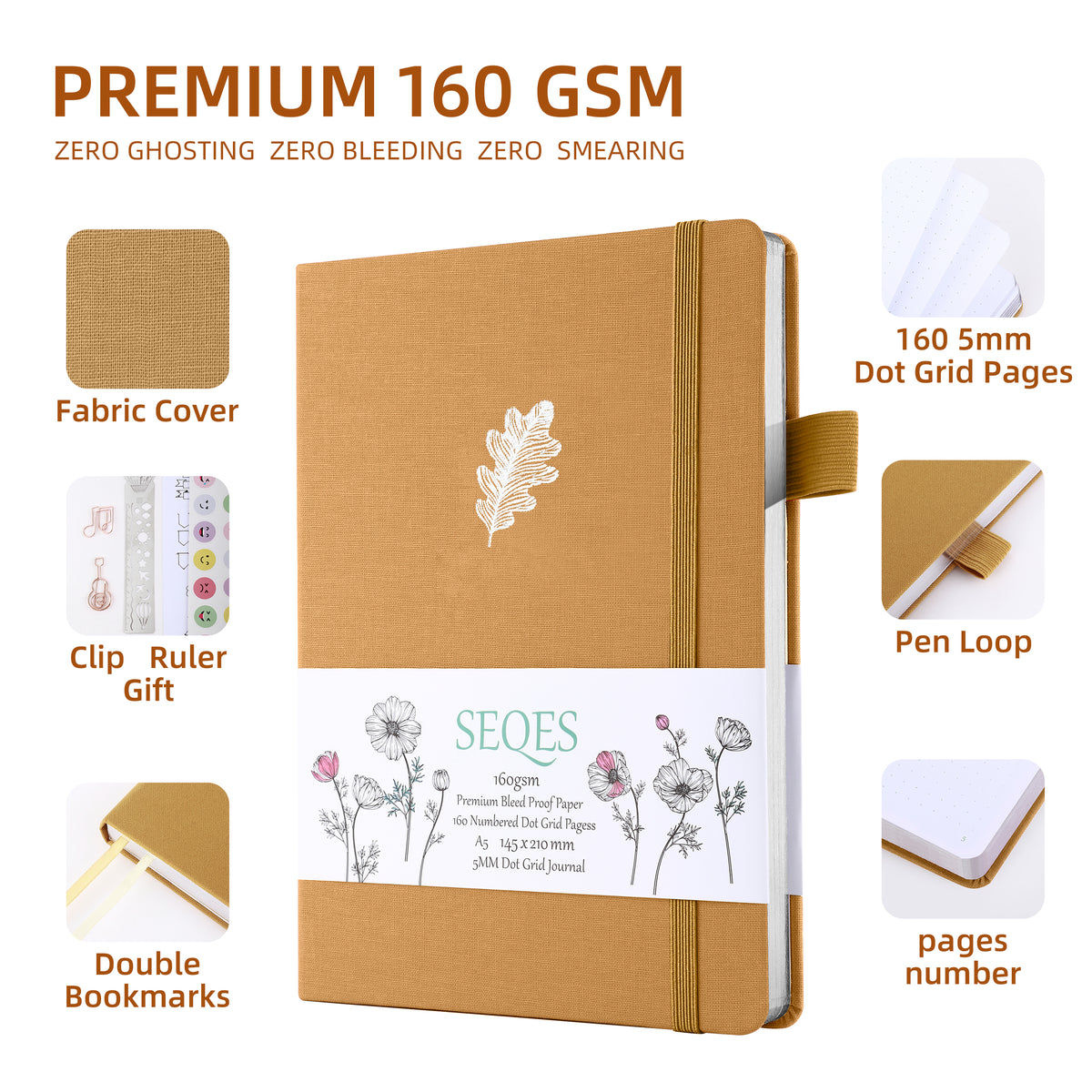 Bullet Dotted Journal - A5 Dot Grid Notebook with pages number,160gsm Bleedproof Paper,Silver Edge for Personal Organizers,Bullet Journals, and journaling-Oak leaves
