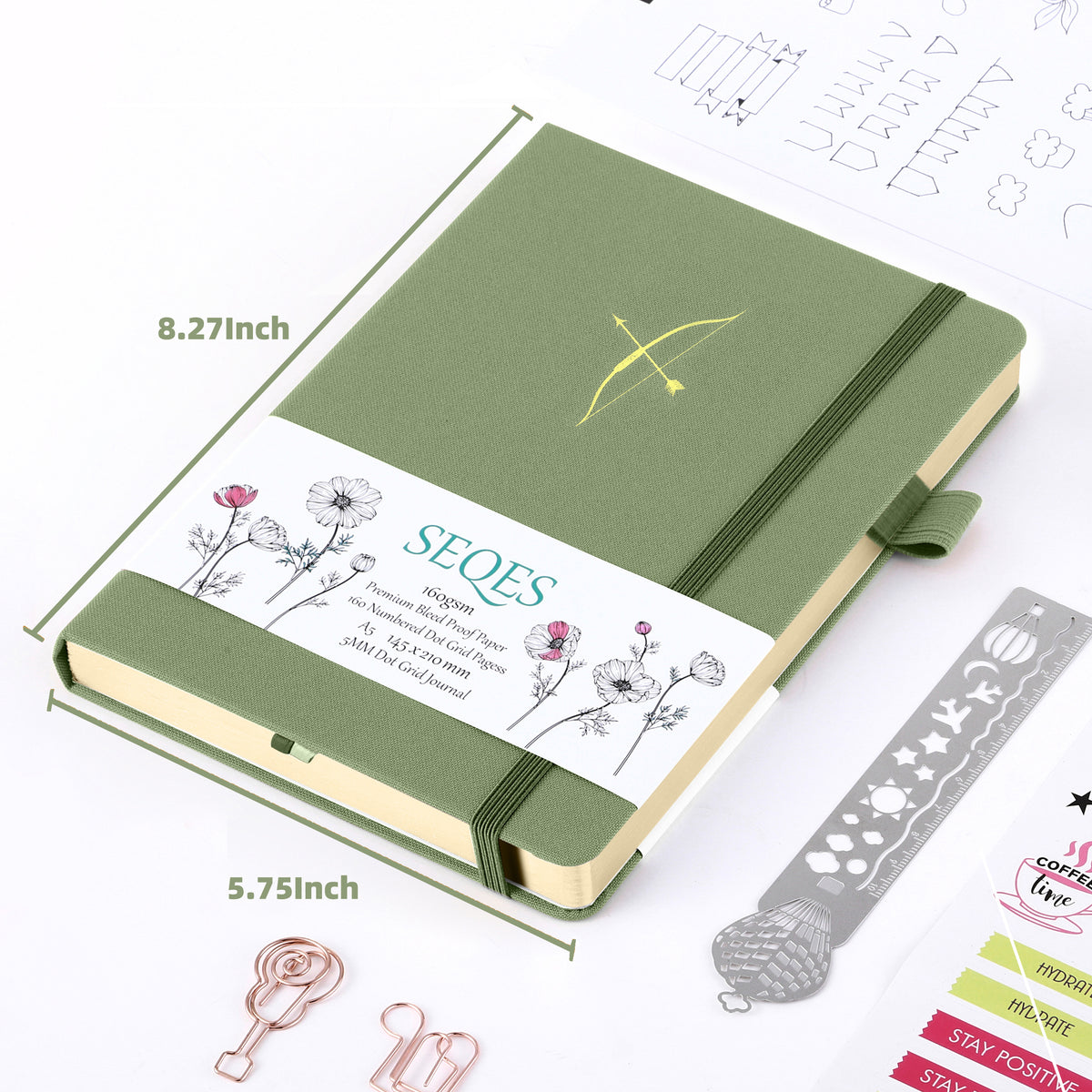 Bullet Dotted Journal - A5 Dot Grid Notebook with pages number,160gsm Bleedproof Paper, Gold Edge and Fabric Hardcover for Personal Organizers, Bullet Journals, and journaling