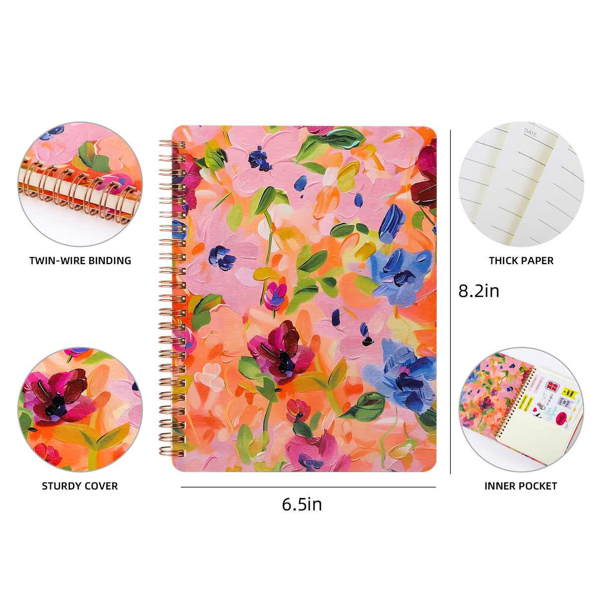 Spiral Notebook for Women, 8.25" x 6.25" Journal with Durable Hardcover and 160 Lined Pages with Large Pockets - Perfect to Stay Organized and Boost Productivity at Work or School flowers-C